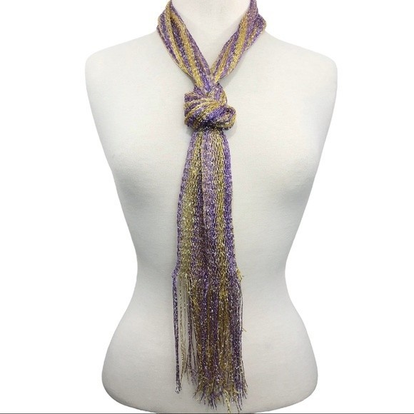 Purple Yellow Metallic Lightweight Long Fringe Scarf - Picture 3 of 3